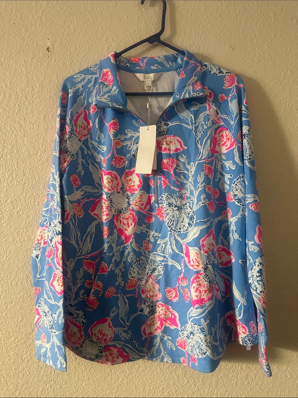 Lilly Pulitzer Blue Floral Quarter-Zip Pullover with Pink Accents
